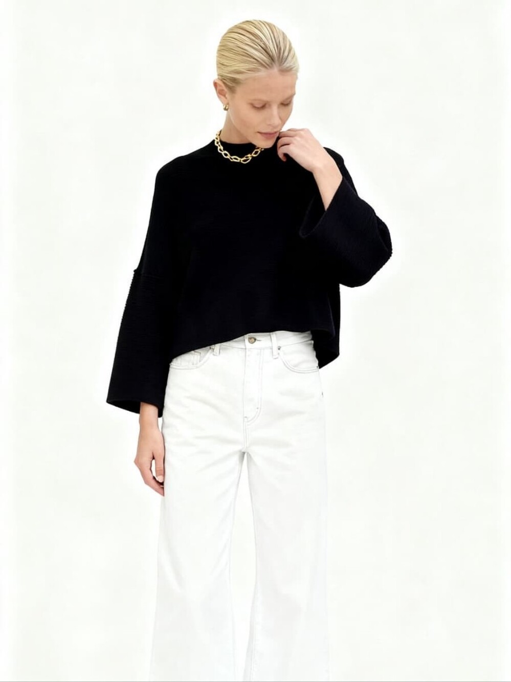 Ellison Ribbed-Knit Mockneck Crop Black Sweater Size L
